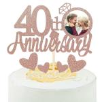 Zyozique Rose Gold Glitter 40th Anniversary Cake Topper with Diamond Ring Heart Cake Decorations Set for 40th Wedding Graduations, Retirement Company Celebration Party - Pack of 5