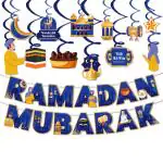 Festiko Set of 25 Pcs Ramadan Mubarak Decoration Combo - (Banner/Swirls Ribbons & Cutouts), Hanging Decorations For Eid, Eid Decorations, Ramadan Decorations