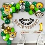 Specialyou.in 1st birthday Jungle theme Birthday decoration items with Monthly banner, Happy birthday banner, Animal face foil balloon & leaves for safari theme party decoration pack of 69 Items