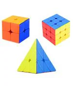 CrackaDeal Plastic Cube Combo Set of 2 X 2 3 X 3 Pyraminx High Speed Stickerless Magic Cube Puzzle, Multicolor (Pack of 3)