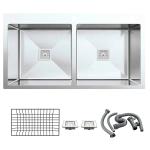 Respite Silver Stainless Steel Kitchen Sink Double Bowl With Tap Hole With Fruit Basket, Coupling And Waste Set, 37 X18 X10 Inch