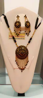 MAYURI'Z COLLECTION_Assamese Traditional Necklace & Earring Set, Pure Silver-Gold Plated with general stones, with adjustable dori closure