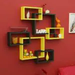 Wood Mart Black, Yellow Wood Intersecting Wall Shelves Cube Shelf Book (Set Of 6)