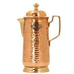 Indian Art Villa Round Hammered Copper Jug Pitcher with Lid and Brass Handle 1.6 L