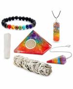 Reikved Seven Chakra Healing Crystals Set Kit Orgone Pyramid Good Luck Bracelet Dowsing Pendulum Whitesage Selenite Palo Santo Stick (Pack Of 599)