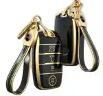 TPU Leather Car Key Cover Compatible with Kia Seltos Sonet Carens 4 Button Smart Key