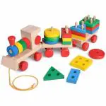 Channapatna Toys Wooden Geometric Shape Sorter & Stacking Train Toddler Toys, Autism Toys for Brain Development, Preschool Educational Puzzle Toys for 1 2 3 Year Old Boys & Girls