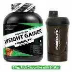 PowerLift Weight Gainer With Shaker (3KG Rich Chocolate) 390K Energy, 75G Carbs| High Protein & High Calorie Protein Powder for weight gain men and women use | Raw Whey from USA | With Digezyme