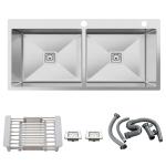 Respite Silver Stainless Steel Handmade Kitchen Sink Double Bowl With Tap Hole With Coupling And Waste Set, 45 X 20 X10 Inch