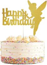 Festiko Gold Glitter Fairy Cake Topper, Fairy Happy Birthday Cake Topper For Girls Fairy Theme Birthday Party Decorations