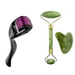 HARRODS Premium Derma Roller 540 Titanium Microneedle Derma Roller Hair Regrowth for Women, With JTLM-5 Facial Massager Jade Roller & Gua Sha Tool 100% Natural Himalayan Stone for Face Neck Healing Skin Wrinkles & Serum Application Massager(Green)|Pk-2