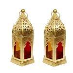 HOME DECORATION 18 Table/Hanging Moroccan Lantern/Lamp Metal Iron (17 cm X 9 cm, Pack of 2) Color Gold