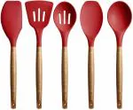 Zollyss Non-Stick Silicone Cooking Utensils Set with Natural Acacia Hard Wood Handle, 5 Piece (Red)