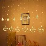 Desidiya Warm White Diya/Diwali Light Curtain, Led String Lights With Pack Of 12 Hanging Diyas, 8 Flashing Modes, Decoration,