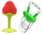 Manan Shopee Kids Green Silicone Teether With Baby Fruit Nibbler Pacifier (Pack Of 2)