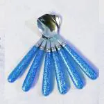 Qawvler Spoon Set Plastic Solid Glitter Handle Stainless Steel Head Pack of 6 (Blue)