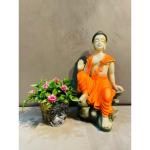 LETS CATCH UPP Handcrafted Blessing Buddha Resting on Mountain Polyresin Statue | Earth Calling Buddha Showpiece for Home Decor & Offices | Ideal Gift | 12.5 Inch (Orange)