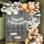 SPECIALYOU.IN Happy Birthday Decoration Items DIY Kit For Girls and Boys with Metallic Silver, White and Brown Color Balloons, White HBD paper Banner and Silver Fringe Foil Curtain for Backdrop- 65 Pcs