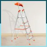 Houza 5 Step Foldable Aluminium Ladder for Home with Tool Tray | Ladder with Anti-Slip Shoes | Slip Prevention Steps | Durable, Heavy Duty, Safe, and Stylish | Made in India (Orange)
