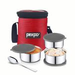PEXPO Eco Pro-3 Stainless Steel Lunch Box with 3 Air-Tight Containers (280ml Each), 1 Spoon & Bag - Red | Portable & Durable | Tiffin Box for Office, School, College