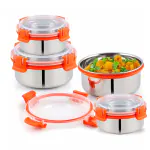 UNINOX Stainless Steel Container Set Of 4 Pcs, 2 Container 300 ml, 2 Container 425 ml , Leak Proof Lid, Food Storage, BPA Free, Orange