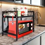 OSE 2-Tier Metal Adjustable Microwave Stand | Microwave & Oven Stand for Kitchen Cabinet | Utility Organizer with 6 Hooks | Multipurpose Counter Top Storage Stand