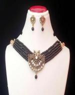 S Traditional Kundan with Beads Designer Wedding Jewellery Choker Necklace Set for Women & Girls ( Black)