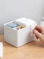 Market 99 White 4 Grids Qtip Holder Dispenser Cotton Swabs Storage Organizer - 14X9.5X10Cm