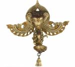 Idol Collections Gold Brass Ganesha Face Wall Hanging With Bell On Trunk Statue, 9.8 Inch