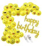 Grand Shop Yellow Aluminium, Rubber Emoji Printed Balloons, Arch Strip, $ Glue Dot Tape, Happy Birthday Cursive Balloons