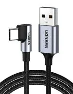 UGREEN Double Nylon Braided QC 3.0 USB Type C to USB-A Right Angle 90 Degree Fast Charging Male Data Cable with Nickel Plated Connector Aluminium Shell (Space Grey Black, 3.3 ft)