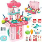 TechHark 3 in 1 Portable Cooking Kitchen Play Set Pretend Play Food Party Role Toy for Boys Girls - Pink