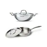 Bergner Silver Stainless Steel Cookware Combo, Kadai 22cm , Saute Pan 22cm