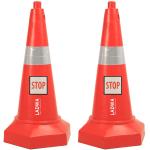 LADWA 5 kg Heavy Base Road Traffic Cone, Non Topple, No Fly Cone with Chain Ring, Two Night Visible Reflective Strips, Red Colour for Day Visibility with Stop Sign (Pack of 2)