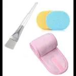 J3G Fashion Headband Combo Facial Mask Brush Set Face Cleaning Sponge and Wooden Face Pack Brush for Men and Women's (Multi-Color) (Brush, Belt and 2 Sponge)
