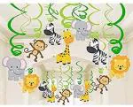 Skywalksafari animal jungle ceiling hanging swirl decorations cutout festive party supplies for boy and girl -12 pieces- Multi color