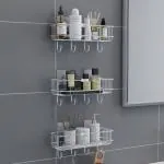 Plantex Stainless Steel Self-Adhesive Multipurpose Bathroom Shelf with Hooks/Towel Holder/Rack/Bathroom Accessories-Wall Mount - Pack of 3 (Chrome)