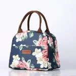 House Of Quirk Insulated Printed Lunch Bag For Picnic Office Outdoor (Large A, Navy Rose Flower)