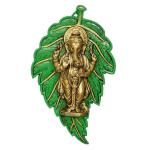 eCraftIndia Golden Embossed Metal Chaturbhuj Lord Ganesha on Green Leaf Wall Hanging 48 cm x 29 cm