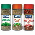 Keya Herb and Seasonings Combo| Oregano x 1, 11 Gm| Pizza Seasoning x 1, 45 gm| Red Chilli Flakes x 1, 40 gm| Glass Bottle| Pack of 3