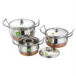 JVL Silver Stainless Steel Cookware And Serveware Essential Utensil Pot Handi Set With Lid 850ml, 1300ml, 2200ml (Pack of 3)