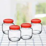 FeeloPie Piramal Glass Round Shape Clear Aahar Jars and Containers for Kitchen Pantry, Snacks, Masala, Pickles, Dry Fruits, and Coffee Beans Storage with Red Color Plastic Lid (250ml, Set Of 4)