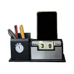 Giftana Pen Stand for Men, Office Desk Organizer, Mobile Phone Stand, 100-Year Calendar, Table Watch, Birthday Gifts for Doctor, Corporate Gift for Employee (Silver)