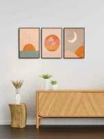 999Store Multicolor Canvas Black Frame Sun Half Moon Abstract Wall Painting Set of 3(Bo3Frames014)