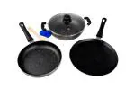 MAYFAIR+ Premium Spatter Design Non Stick Combo Of Induction Bottom 28cm Dosa Tawa, 24cm Fry Pan & 24cm Kadhai With Glass Lid