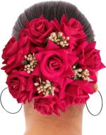 Clixfox Full Bun Red Rose Flower Bun for Bridal Hair Extension