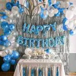 GLOBALPARTY Set of 50 Pcs Happy Birthday Decoration Kit Combo - Blue Happy Birthday Letters , Silver Curtains , Blue & Silver Confetti Metallic Foil Balloons Theme Backdrop
