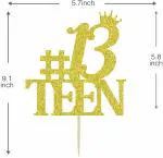 Zyozique 13 Teen Cake Topper, Happy 13th Birthday / 13th Anniversary Cake Decorations Gold