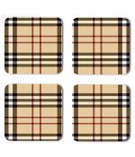 Whats Your Kick Peach And Brown Crossing Fabric Check Pattern Design Printed Set of 4 Coaster With Metal Stand