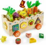 THE BRAIN GYM FACTORY - Montessori Early Learning Wooden Toy Set for Ages 2-4, Includes 10 Vegetable Blocks, Animals and Sorting Board